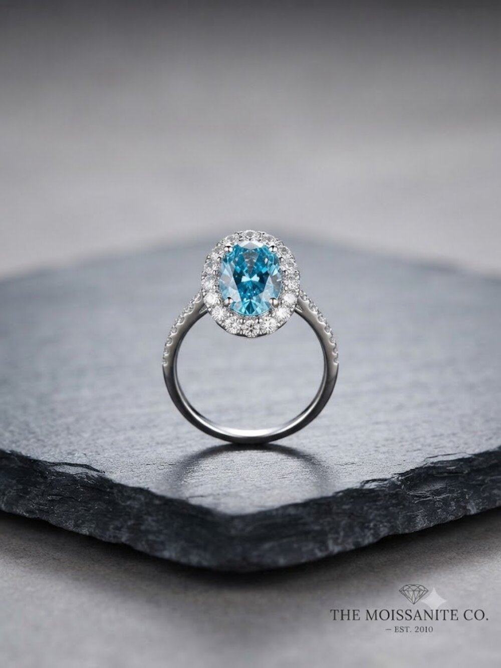 3.8ctw Vivid Blue Moissanite Oval Halo Ring S925 Sz 6